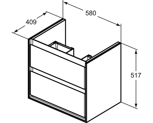Zeichnung eines Waschtischunterschranks mit den Maßen 409, 580 und 517 Millimeter.