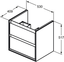 Schéma technique d''un meuble sous-lavabo avec indications de dimensions