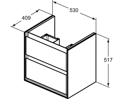 Schéma technique d''un meuble sous-lavabo avec indications de dimensions