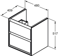 Dessin d''un meuble sous-lavabo avec les dimensions 409, 480 et 517