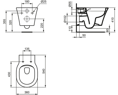 Schéma technique d''un WC suspendu avec dimensions
