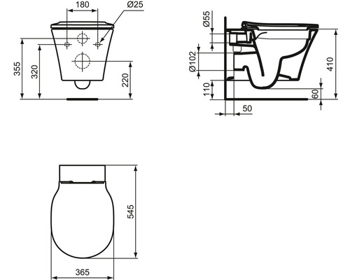 Schéma technique d''un WC suspendu avec dimensions