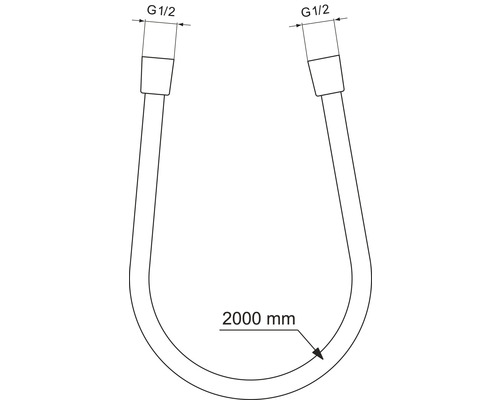 Schematische Darstellung eines Panzerschlauchs mit einer Länge von 2000 mm und einem Anschluss von G 1/2