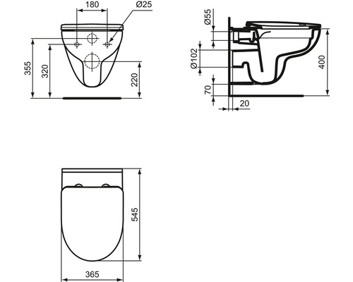 Technische Zeichnung einer wandhängenden Toilette mit Abmessungen