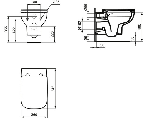 Dessin technique d''un WC suspendu avec les dimensions correspondantes