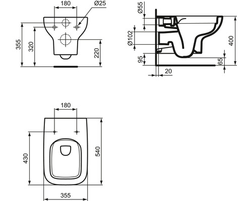 Schéma technique d''un WC suspendu avec indication des dimensions