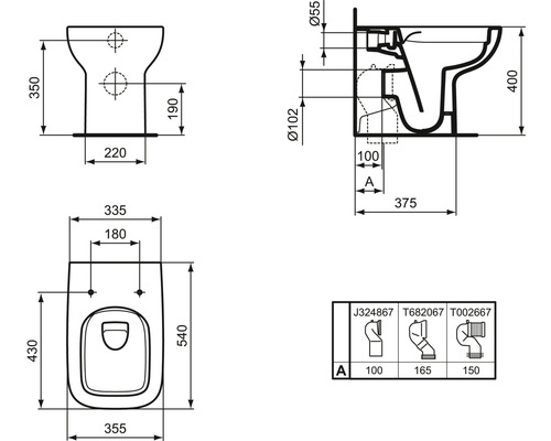 Schéma technique d''un WC suspendu avec indications de dimensions