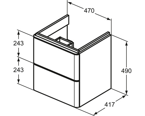 Technische Zeichnung eines Waschtischunterschranks mit Maßangaben