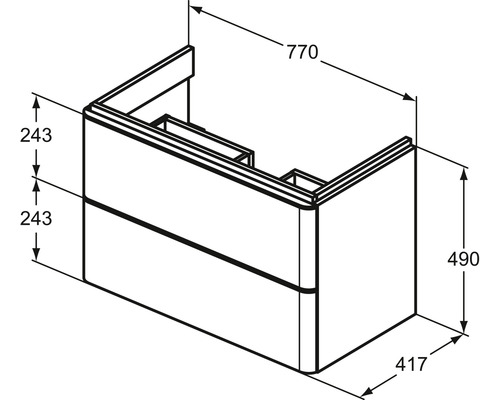Technische Zeichnung eines Waschtischunterschranks mit Maßangaben