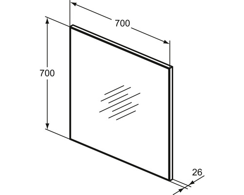 Miroir carré de dimensions 700 x 700 millimètres et d''une épaisseur de 26 millimètres