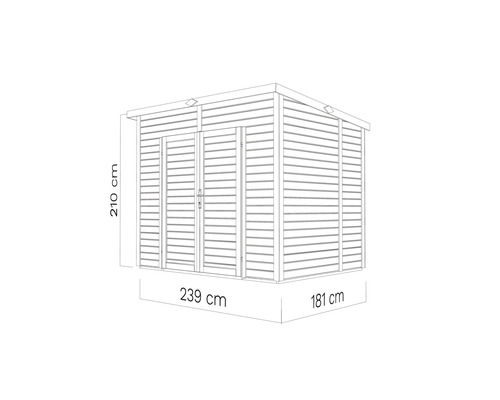 Illustration eines Gartenhauses mit den Maßen 239 mal 181 mal 210 Zentimeter