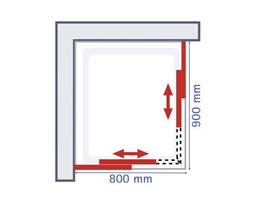 Accès d'angle avec porte coulissante SCHULTE Kristall Trend ExpressPlus 80 x 90 cm couleur du profilé chrome décor de vitre verre transparent avec verre antitache butée de porte à gauche butée de porte à droite poignée barre