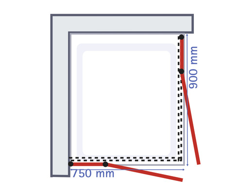 Schéma technique d''une douche avec des dimensions de 750 mm et 900 mm