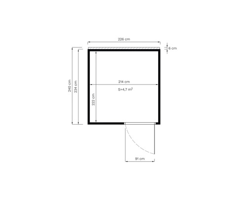 Grundriss mit Abmessungen: 226 cm breit, 240 cm hoch, Fläche 4,7 Quadratmeter