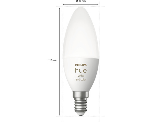 Ampoule Philips Hue White and Color avec culot E14 et indications de dimensions