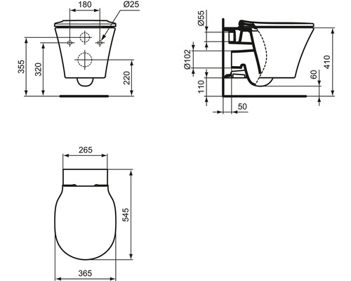 Technische Zeichnung eines Wand-WCs mit Maßangaben