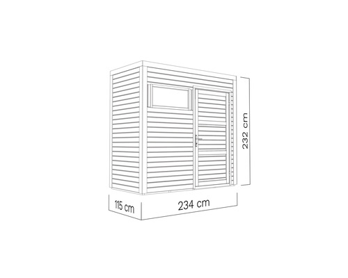 Abbildung eines Gartenhauses mit den Maßen 234 cm Breite, 115 cm Tiefe und 232 cm Höhe.