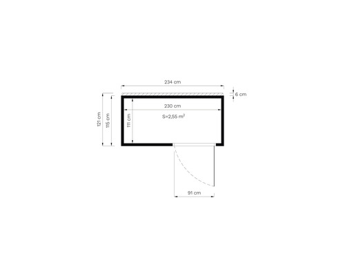 Grundrisszeichnung mit Abmessungen: 234 cm Breite, 121 cm Höhe, 2,55 m² Fläche