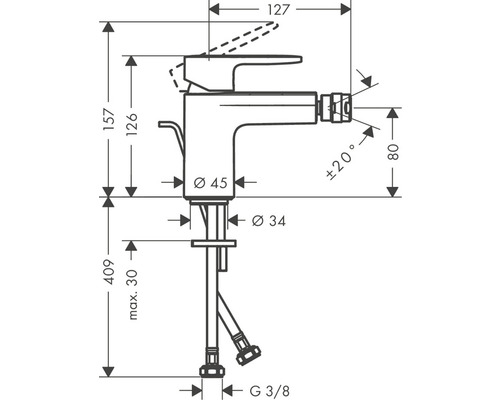 Technische Zeichnung eines Bidet Wasserhahns mit Maßangaben