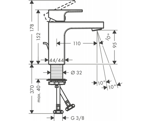 Technische Zeichnung einer Waschtischarmatur mit Maßangaben