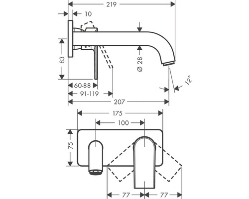 Technische Zeichnung einer Armatur mit Maßangaben