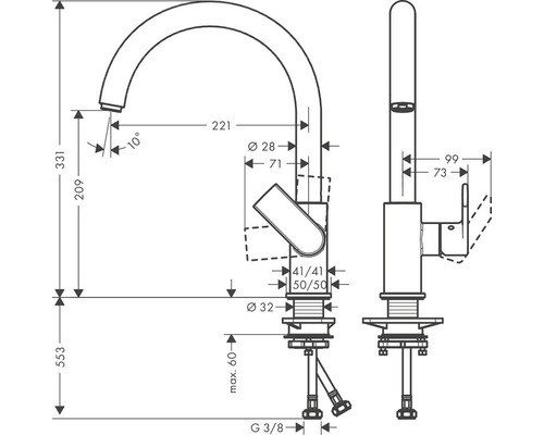 Schéma technique d''un robinet de cuisine avec dimensions