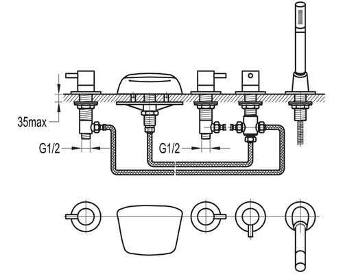 Schéma d''un robinet de salle de bains avec dimensions et raccords