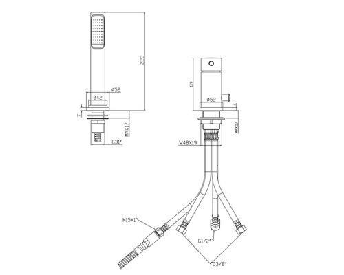 Schéma technique d''un robinet avec indications de dimensions