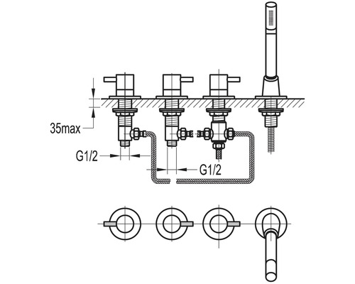 Dessin technique d''un robinet avec raccordements d''eau et dimensions