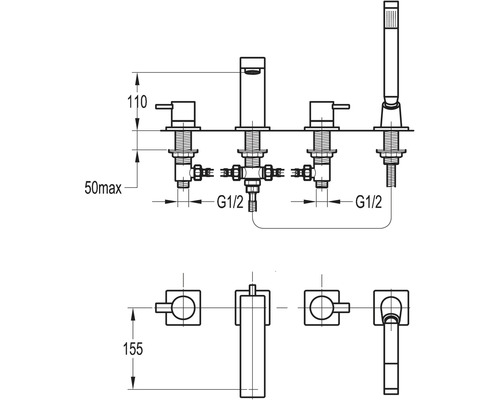 Dessin technique d''un robinet de baignoire avec indications de dimension