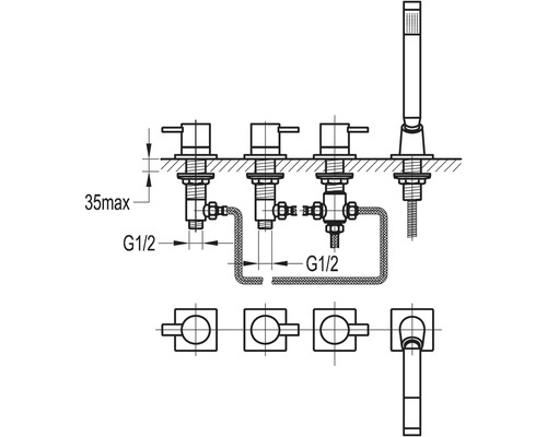 Schéma technique d''un robinet de baignoire mural avec douchette à main
