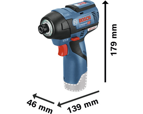 Visseuse à percussion sans fil Bosch GDR 12V-110 avec des dimensions de 179 mm de hauteur, 139 mm de longueur et 46 mm de largeur