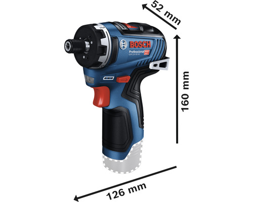 Bosch Professional Akku Bohrschrauber mit den Maßen 160 mm Höhe, 52 mm Breite und 126 mm Länge
