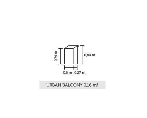 Skizze eines urbanen Balkons mit Abmessungen