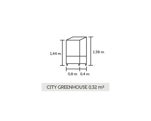 Technische Zeichnung eines Gewächshauses mit den Maßen 1,44 Meter Höhe, 1,58 Meter Tiefe, 0,8 Meter Breite und 0,4 Meter Breite des zusätzlichen Teils, Gesamtfläche 0,32 Quadratmeter