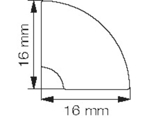 Technische Zeichnung eines Viertelkreisprofils mit den Maßen 16 mm mal 16 mm