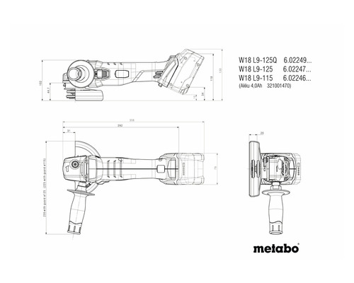 Schéma technique d''une meuleuse d''angle Metabo avec indication des dimensions