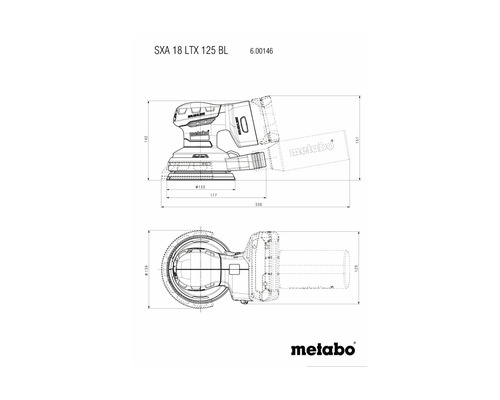 Technische Zeichnung des Metabo SXA 18 LTX 125 BL Akku-Exzenterschleifers mit Maßangaben
