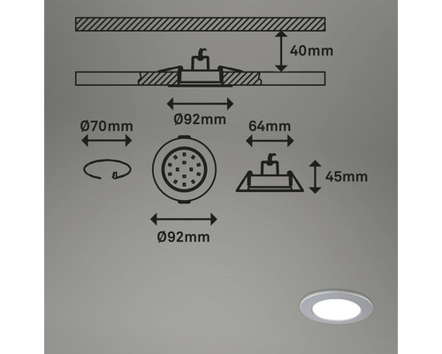 Dessin technique d''un spot encastrable LED avec indications de dimensions