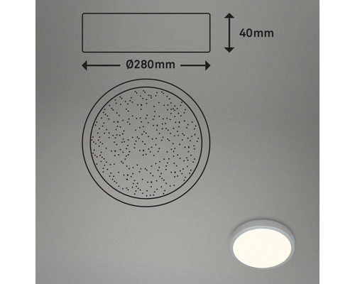 Technische Zeichnung einer Deckenleuchte mit den Maßen Durchmesser 280 Millimeter und Höhe 40 Millimeter.