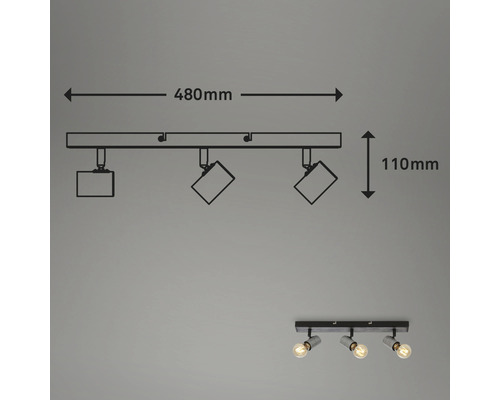 Skizze einer Deckenleuchte mit drei Strahlern und Maßangaben.