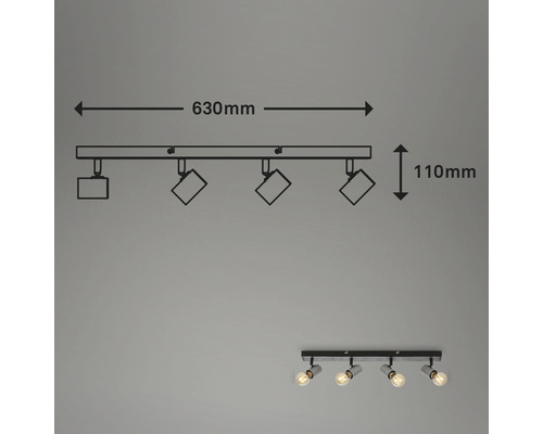 Abbildung einer Deckenleuchte mit vier Strahlern und Maßangaben.