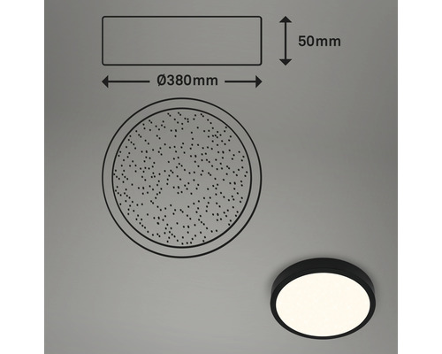 Abbildung einer Deckenleuchte mit den Maßen 380 Millimeter Durchmesser und 50 Millimeter Höhe