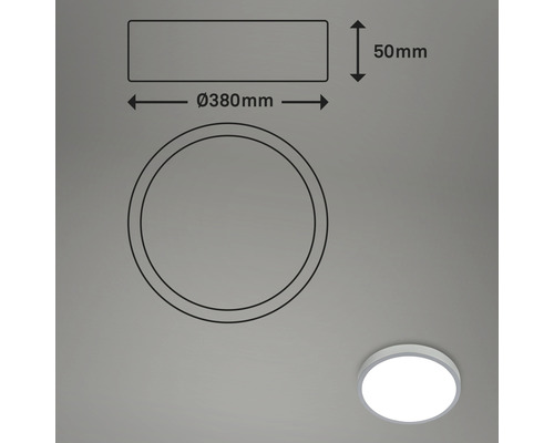 Technische Zeichnung einer runden Deckenleuchte mit einem Durchmesser von 380 Millimeter und einer Höhe von 50 Millimeter.