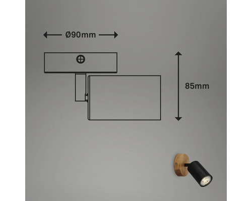 Technische Zeichnung einer Wandleuchte mit den Maßen 90 Millimeter Durchmesser und 85 Millimeter Höhe.
