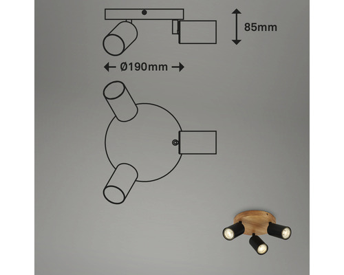 Technische Zeichnung einer Deckenleuchte mit drei Strahlern, Maße 190 mm Durchmesser und 85 mm Höhe, daneben eine Produktabbildung der Deckenleuchte.