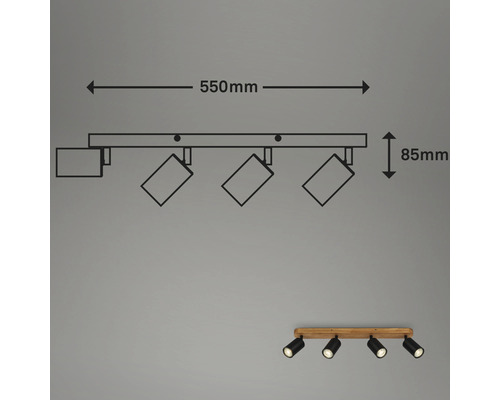 Abmessungsskizze einer Deckenleuchte mit vier Strahlern, Länge 550 Millimeter, Höhe 85 Millimeter