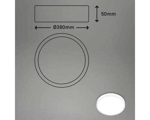 Technische Zeichnung vun enger Plafongsliicht mat de Moossen 380 Millimeter Duerchmiesser an 50 Millimeter Héicht