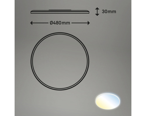 Zeichnung einer Deckenleuchte mit einem Durchmesser von 480 Millimeter und einer Höhe von 30 Millimeter.