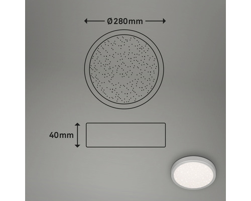 Abbildung einer Deckenleuchte mit den Maßen 280 mm Durchmesser und 40 mm Höhe